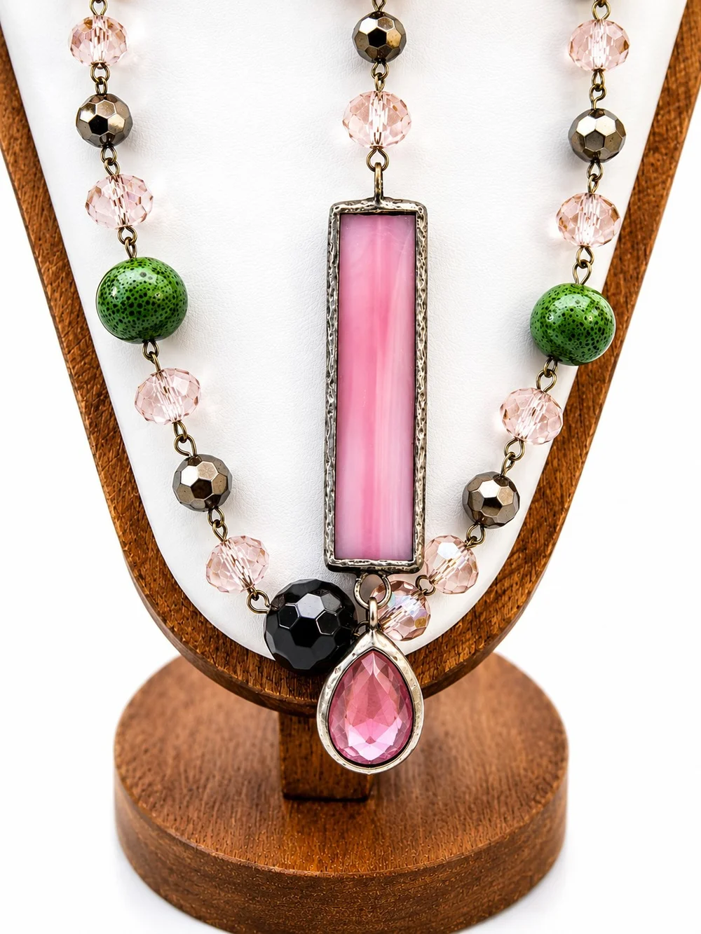 Statement Glass Pendant Necklace with Green and Black Crystal And Glass Beads